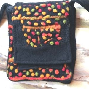 SYLVIA HAMPEL Handmade Boiled Wool Black BG Oranges Yellows Crossbody Purse 10"